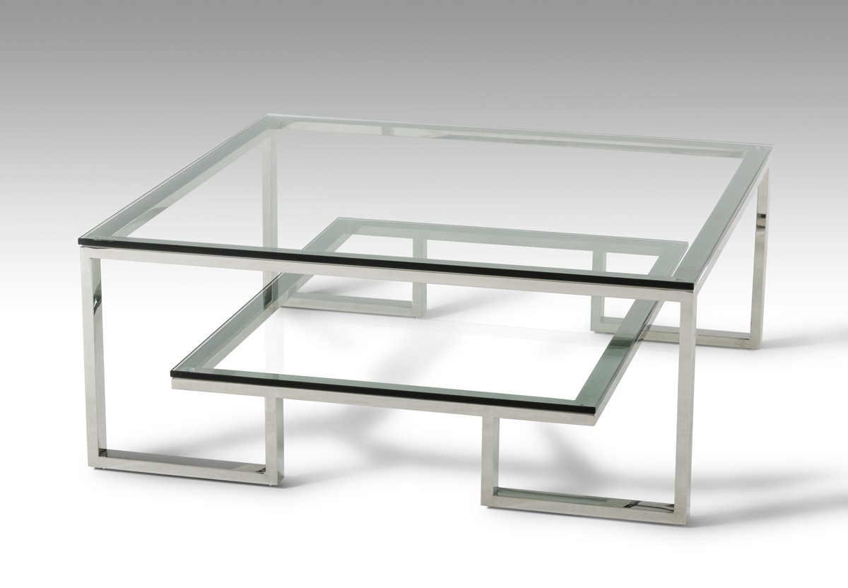 Coffee Table Tiered Glass Geometric Chrome Base Minimalist