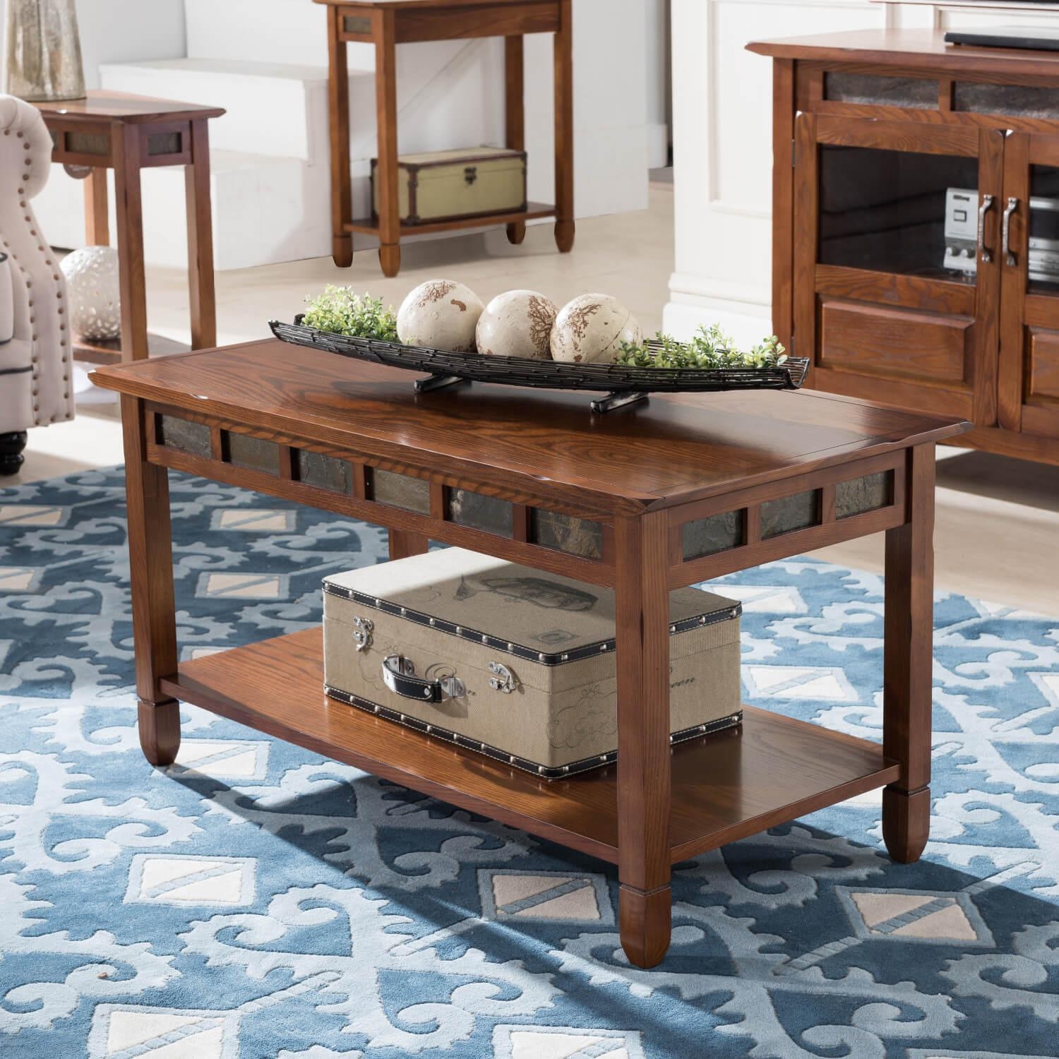Coffee Table Tile Inlaid Apron Open Lower Shelf Oak Brown