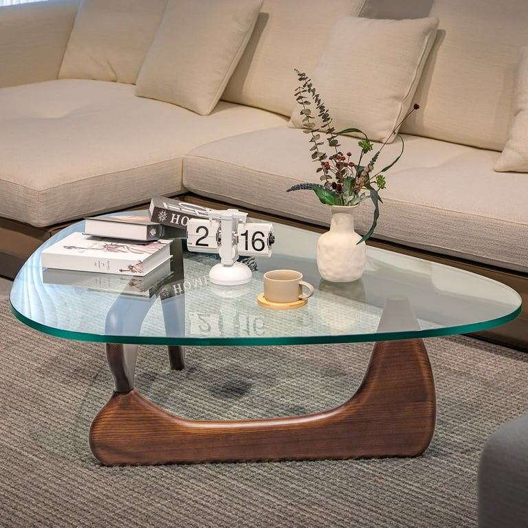 Coffee Table Triangular Glass Top Sculptural Wood Base