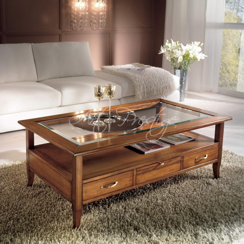 Coffee Table Triple Drawer Base and Inset Glass Top