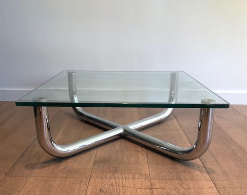 Coffee Table Tubular X Base Square Glass Top Chrome Metal