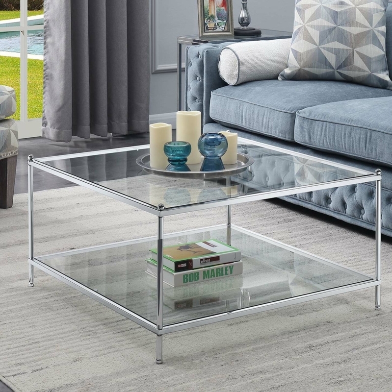 Coffee Table Two Tier Polished Metal Square Glass Shelf