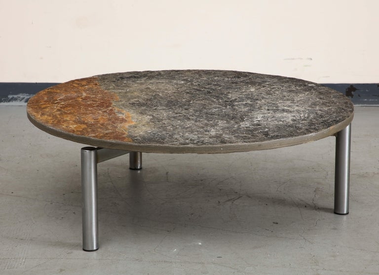 Coffee Table Two Tone Stone Round Slate Top Brushed Silver