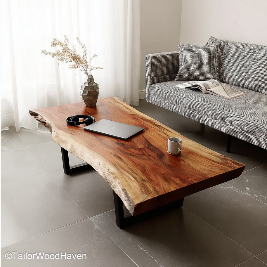 Coffee Table U-Shaped Legs Amber Wood Live Edge Slab