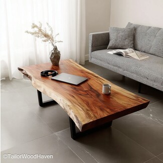 Coffee Table U-Shaped Legs Amber Wood Live Edge Slab