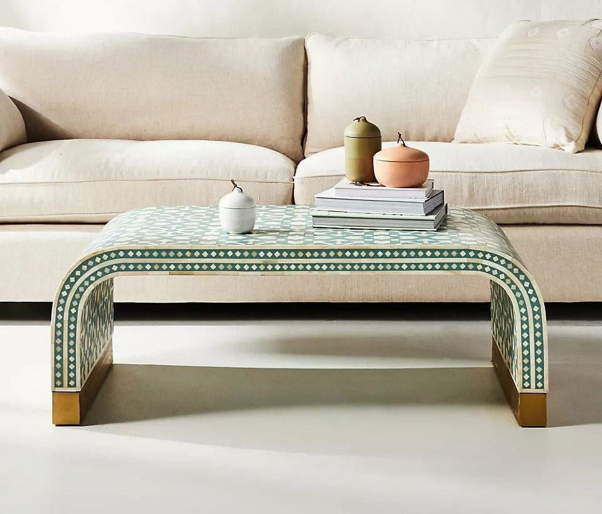 Coffee Table Waterfall Edge Bone Inlay Green Pattern
