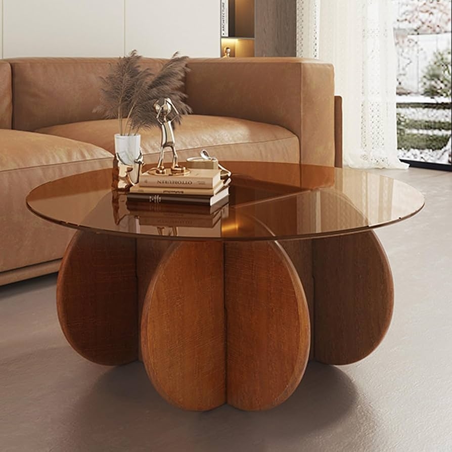 Coffee Table with Amber Tinted Glass and Petal Shaped Base