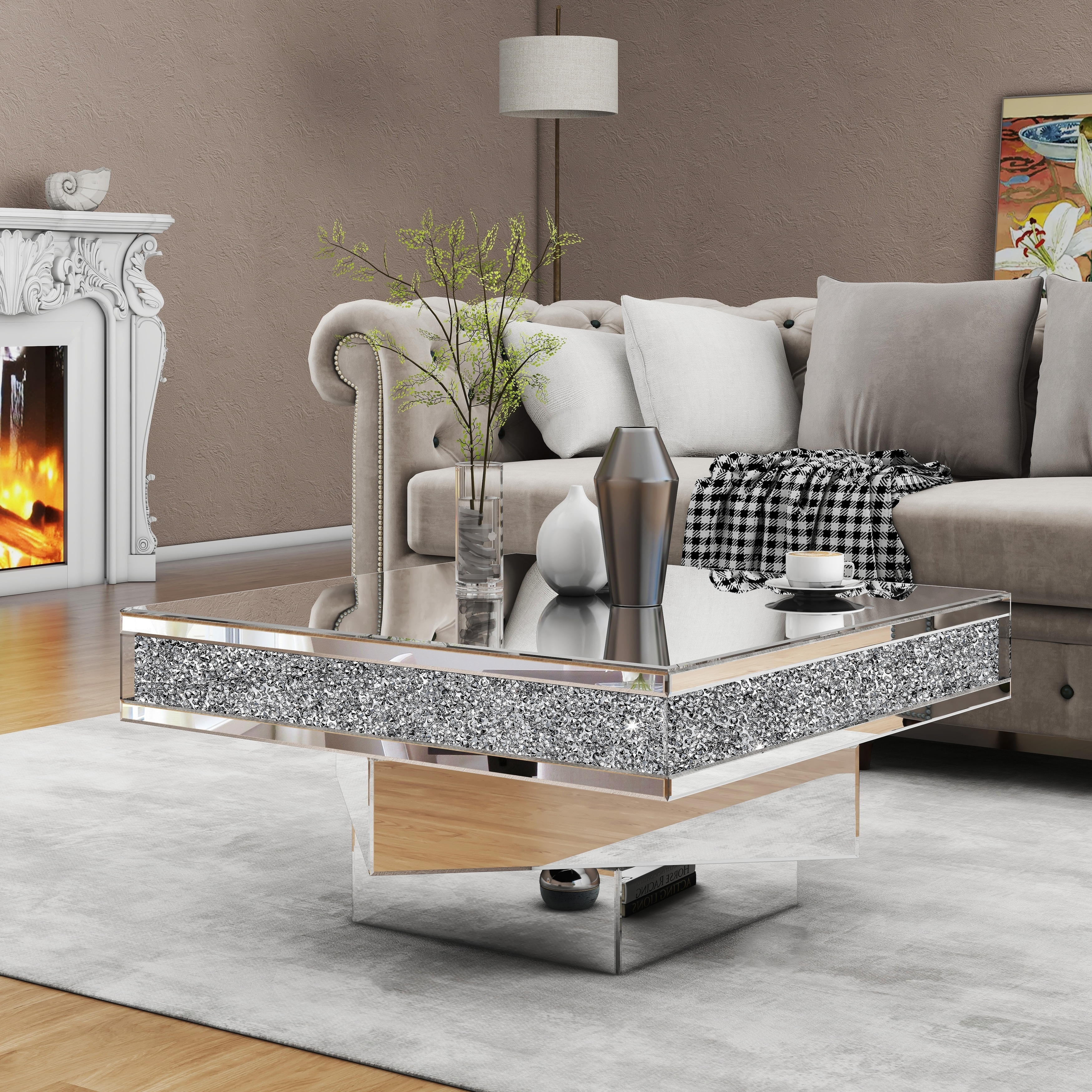 Coffee Table with Crushed Crystal Inlay and Geometric Base
