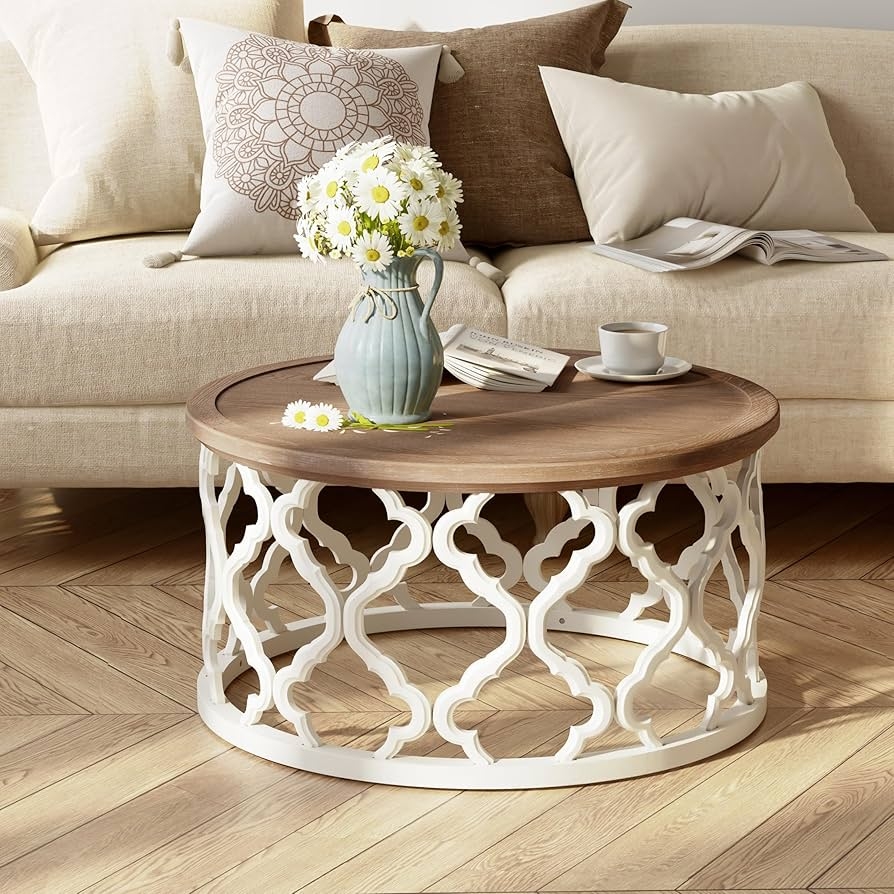 Coffee Table with Curved Motif Base and Round Tray Top