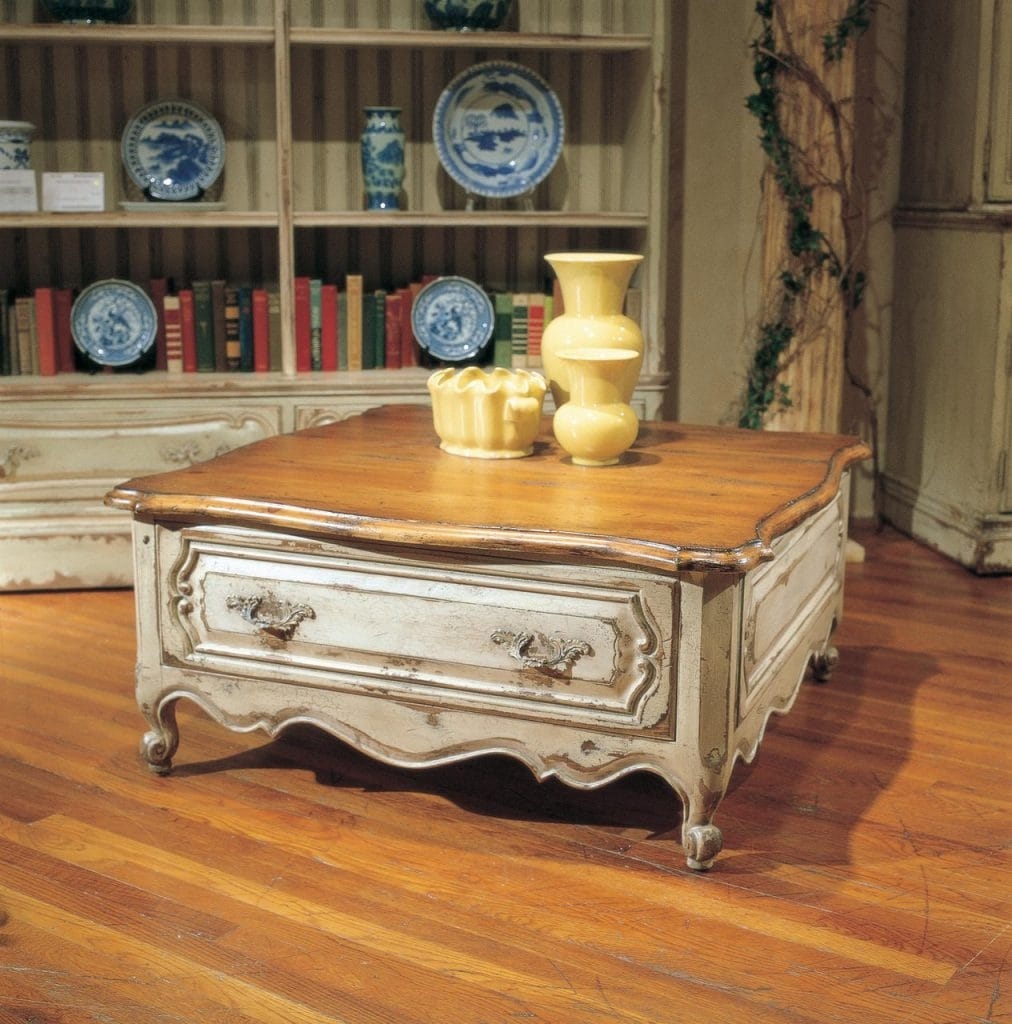 Coffee Table with Distressed Base and French Country Scalloped Top