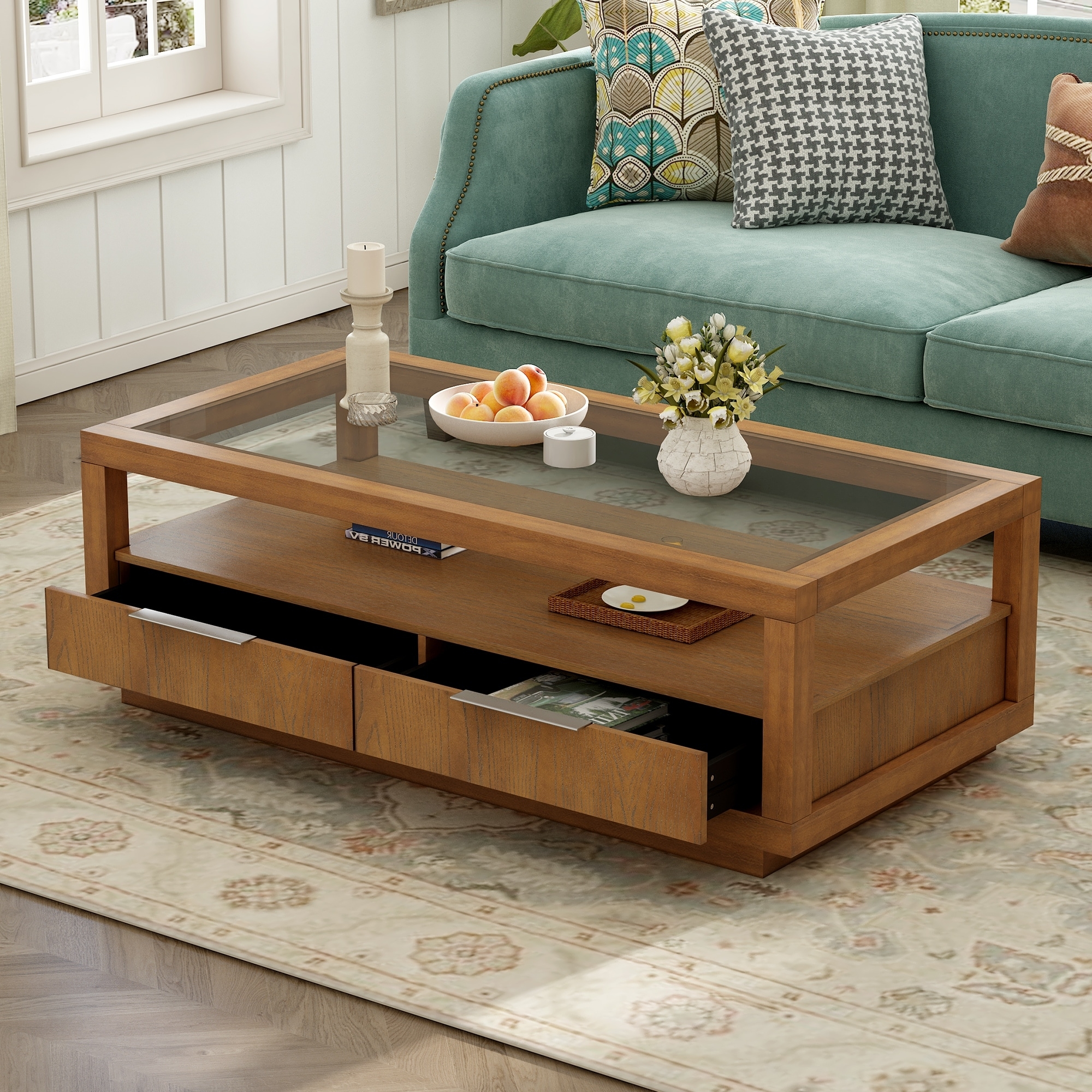 Coffee Table with Dual Storage Drawers and Honey Oak Tone