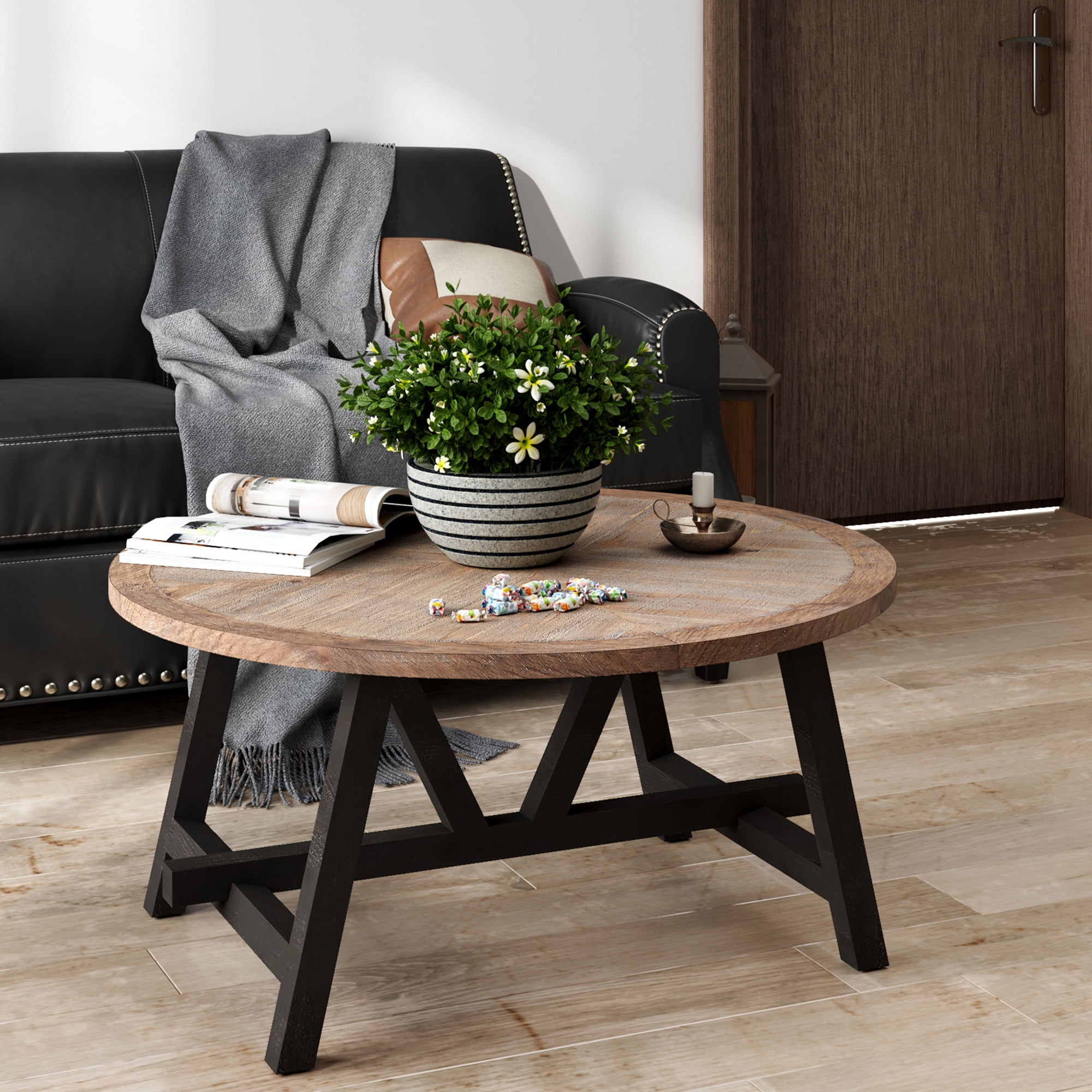 Coffee Table with Geometric Trestle Base and Round Top