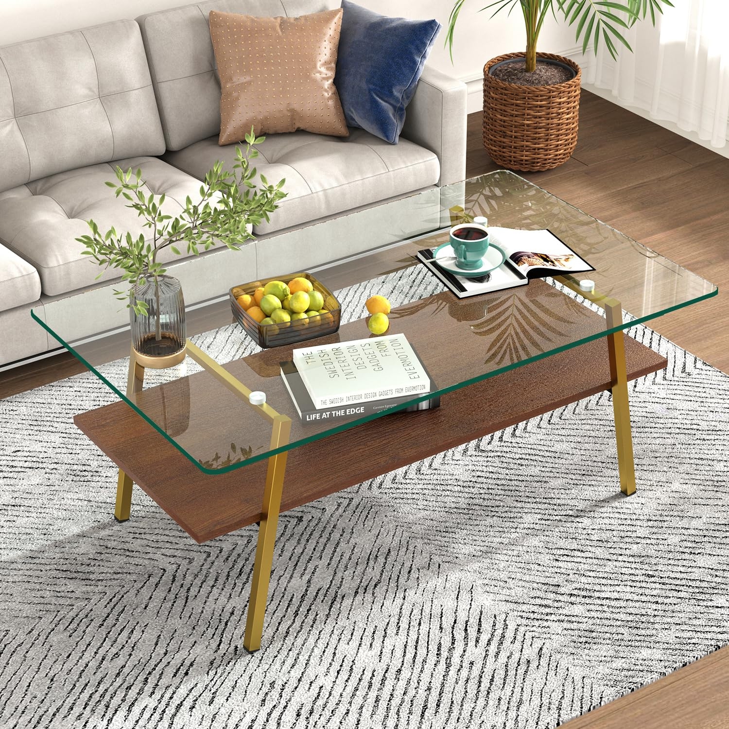 Coffee Table with Gold Legs and Two-Tier Rectangular Top