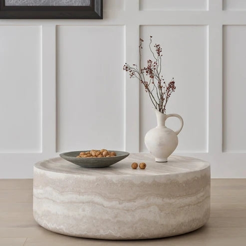 Coffee Table with Horizontal Layering and Solid Monolith Form