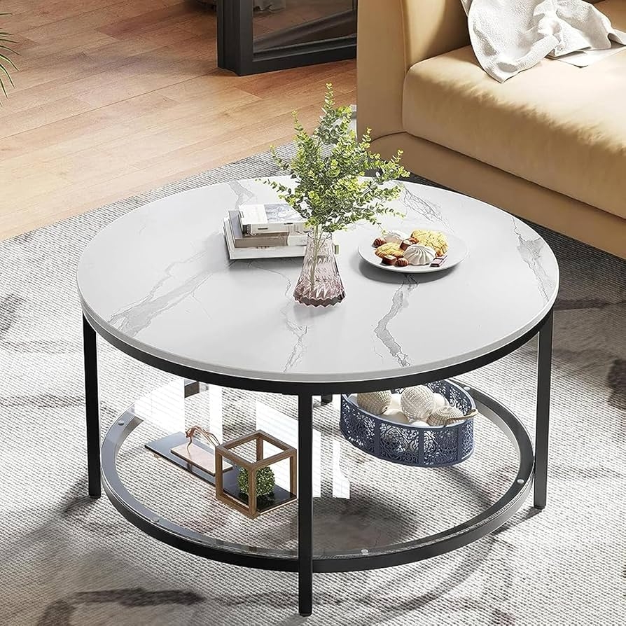 Coffee Table with Marble Pattern Top and Glass Shelf