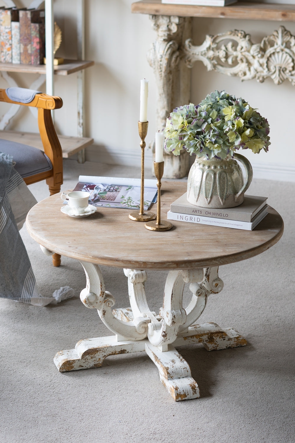 Coffee Table with Ornate Scrolling Legs and Round Wood Top