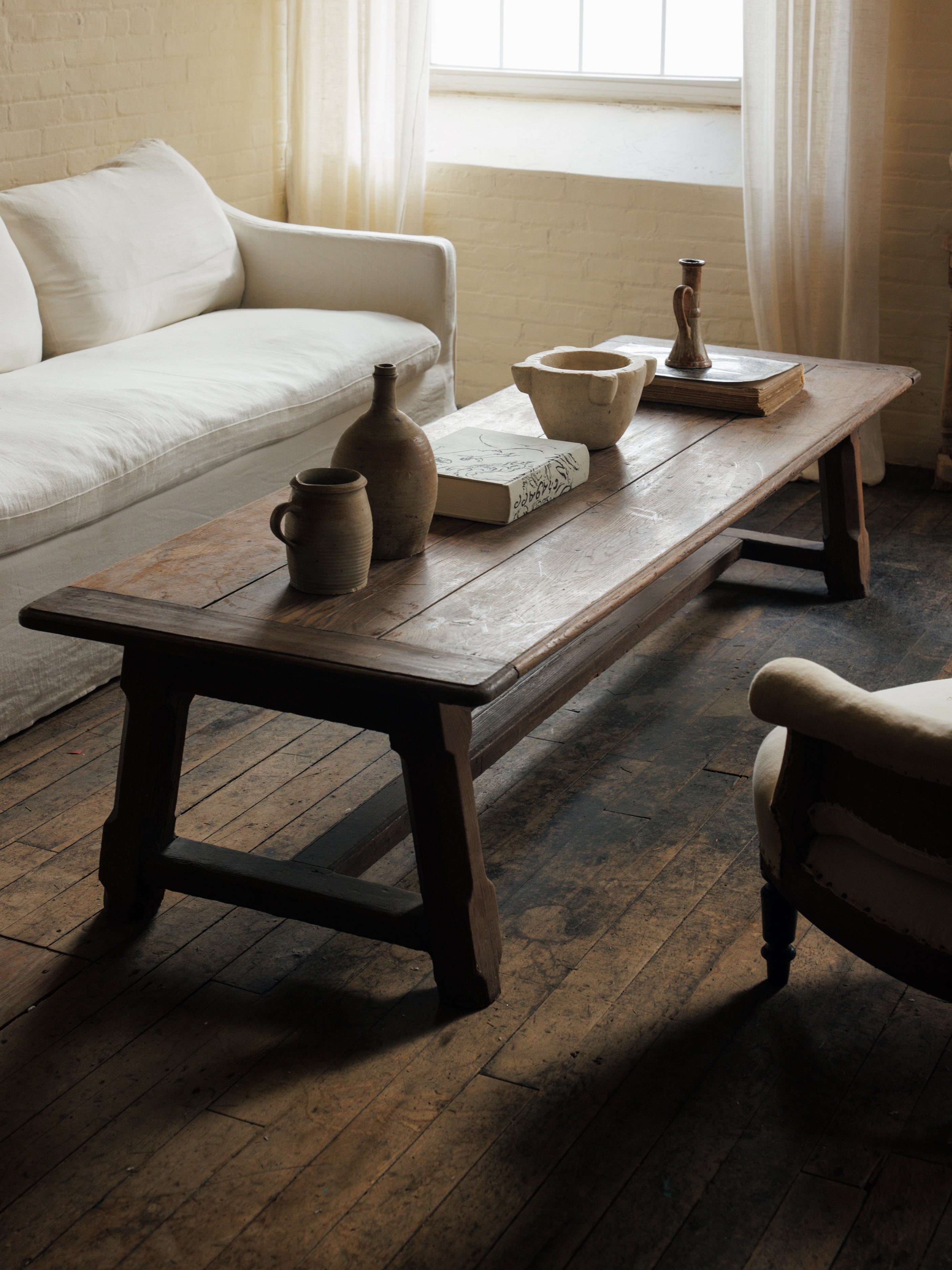 Coffee Table with Plank Top and Antique H-Stretcher Base