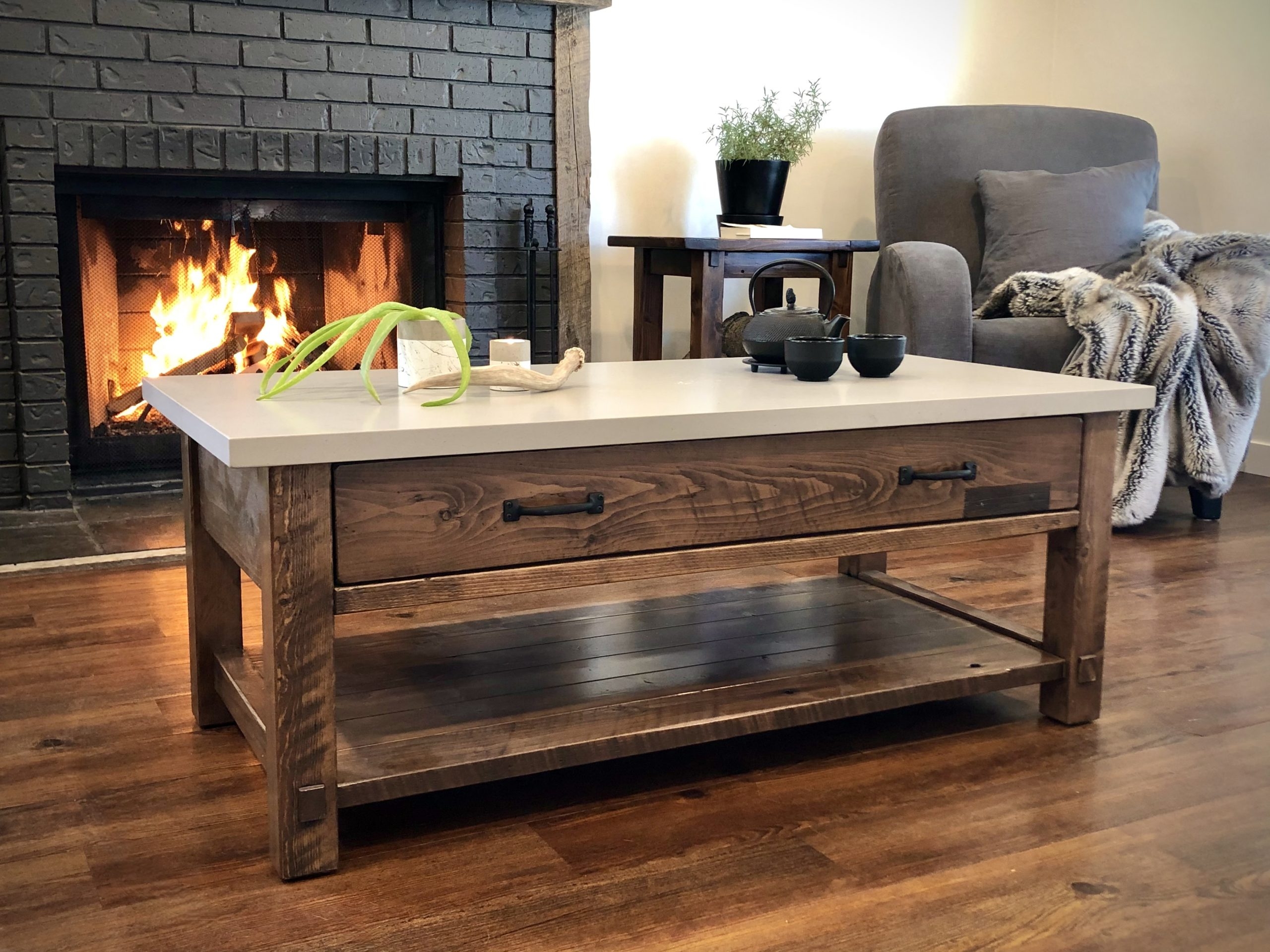 Coffee Table with Quartz Top and Antique Storage Drawer