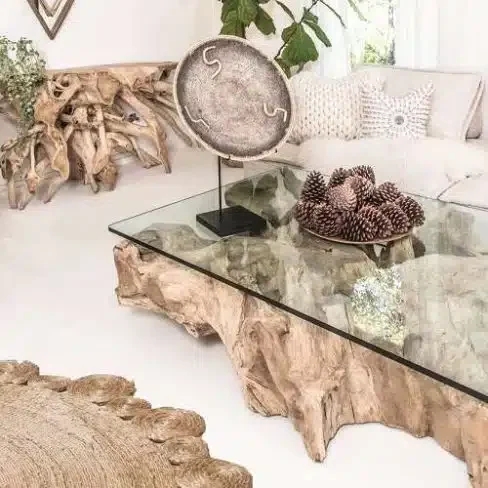 Coffee Table with Teak Root Base and Glass Surface
