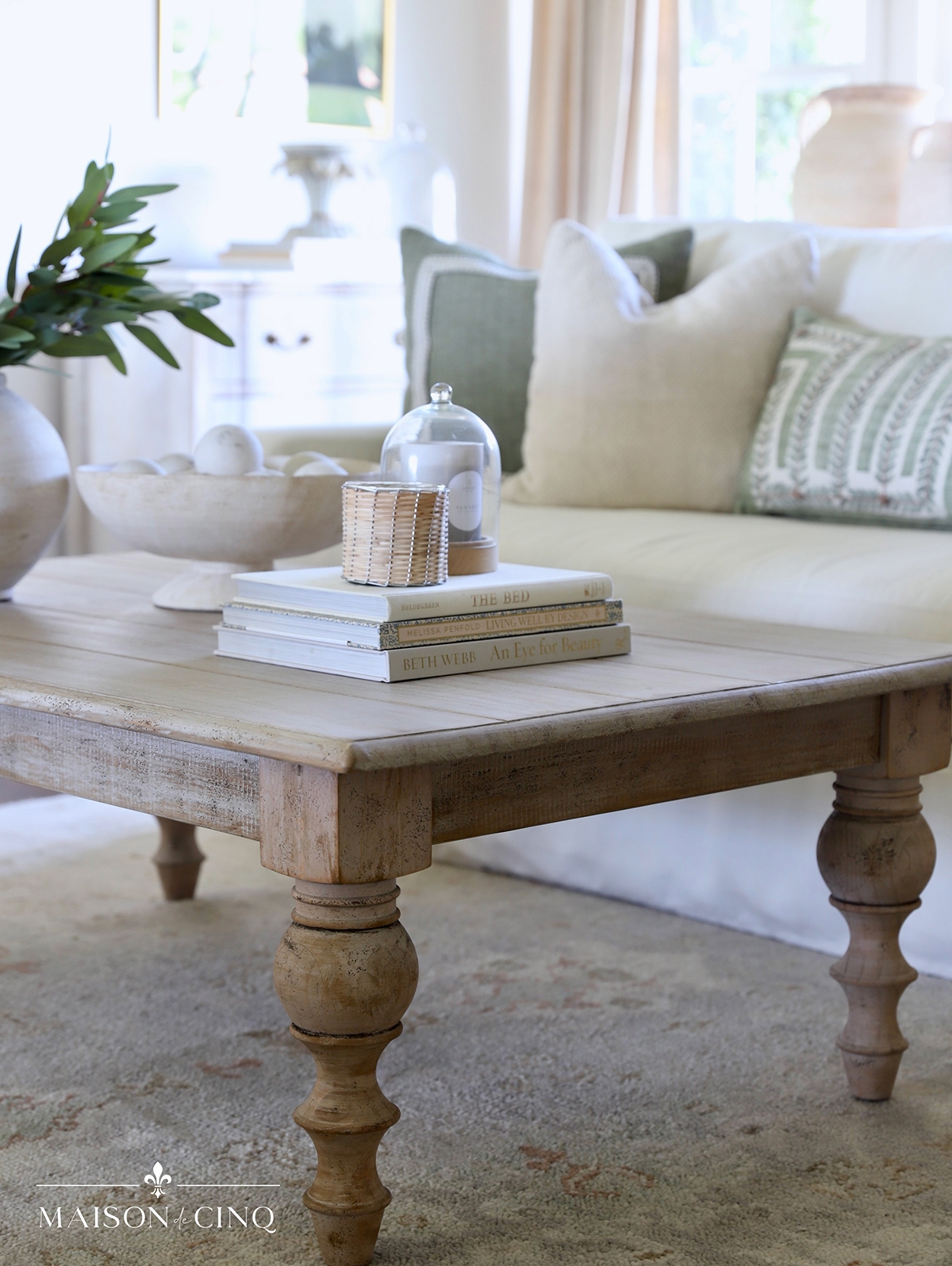 Coffee Table with Turned Legs and Rustic Wood Plank Top