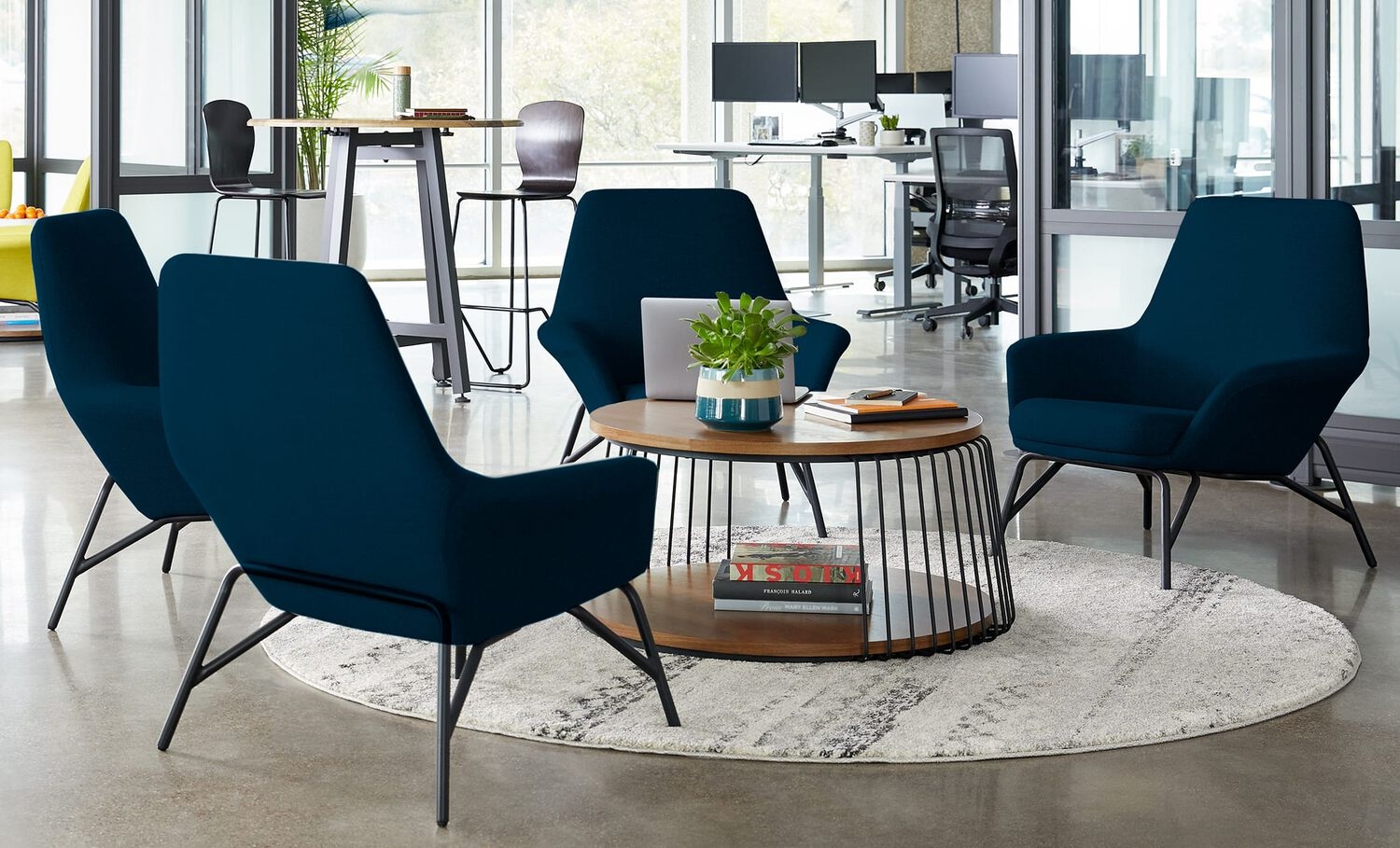 Coffee Table with Wire Cage Base and Navy Blue Two Tier Lounge Set