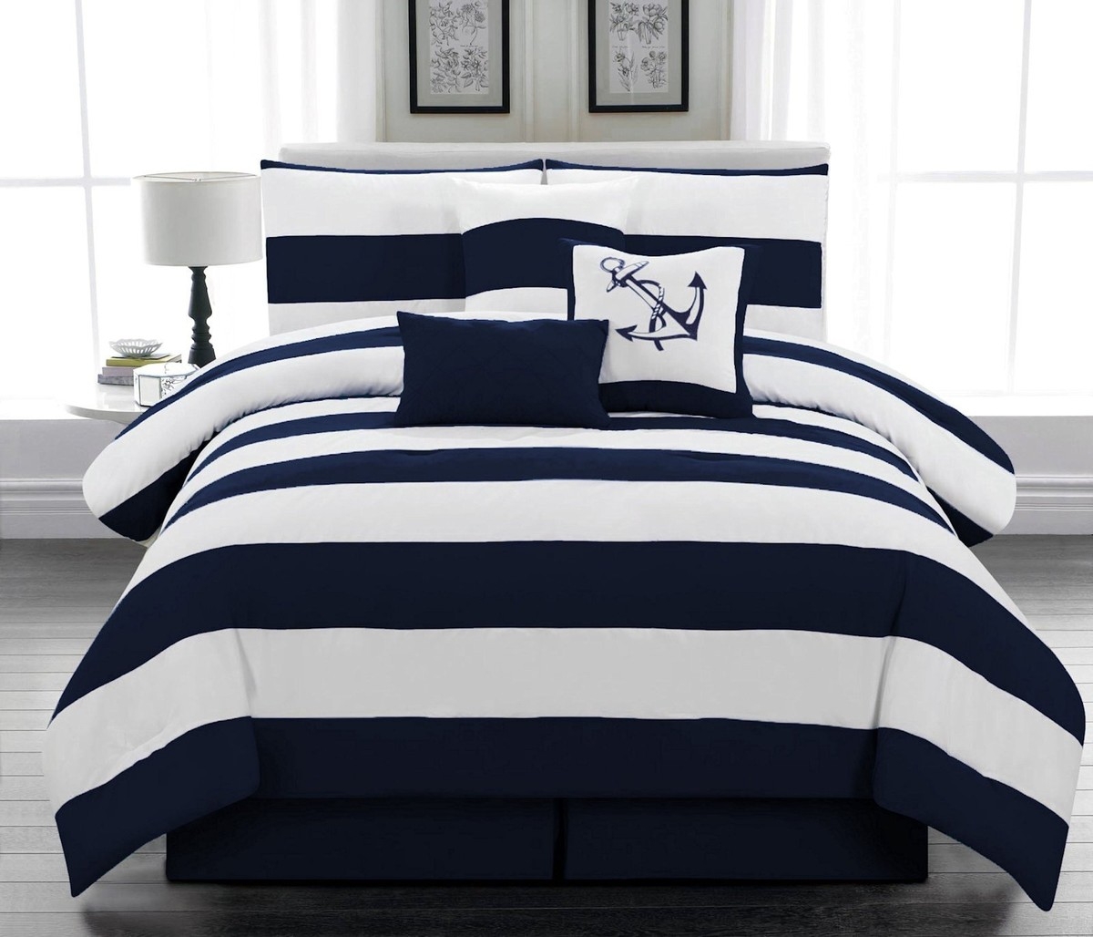 Comforter Set Anchor Motif Pillow Nautical Bedroom Decor