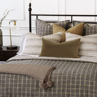 Comforter Set: Charcoal Windowpane Plaid Spindled Headboard Bedroom