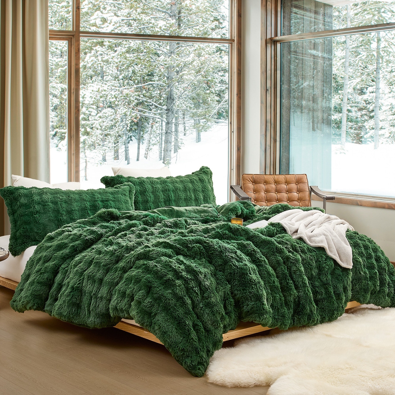 Comforter Set Chunky Bunny Faux Fur Forest Green Bedding