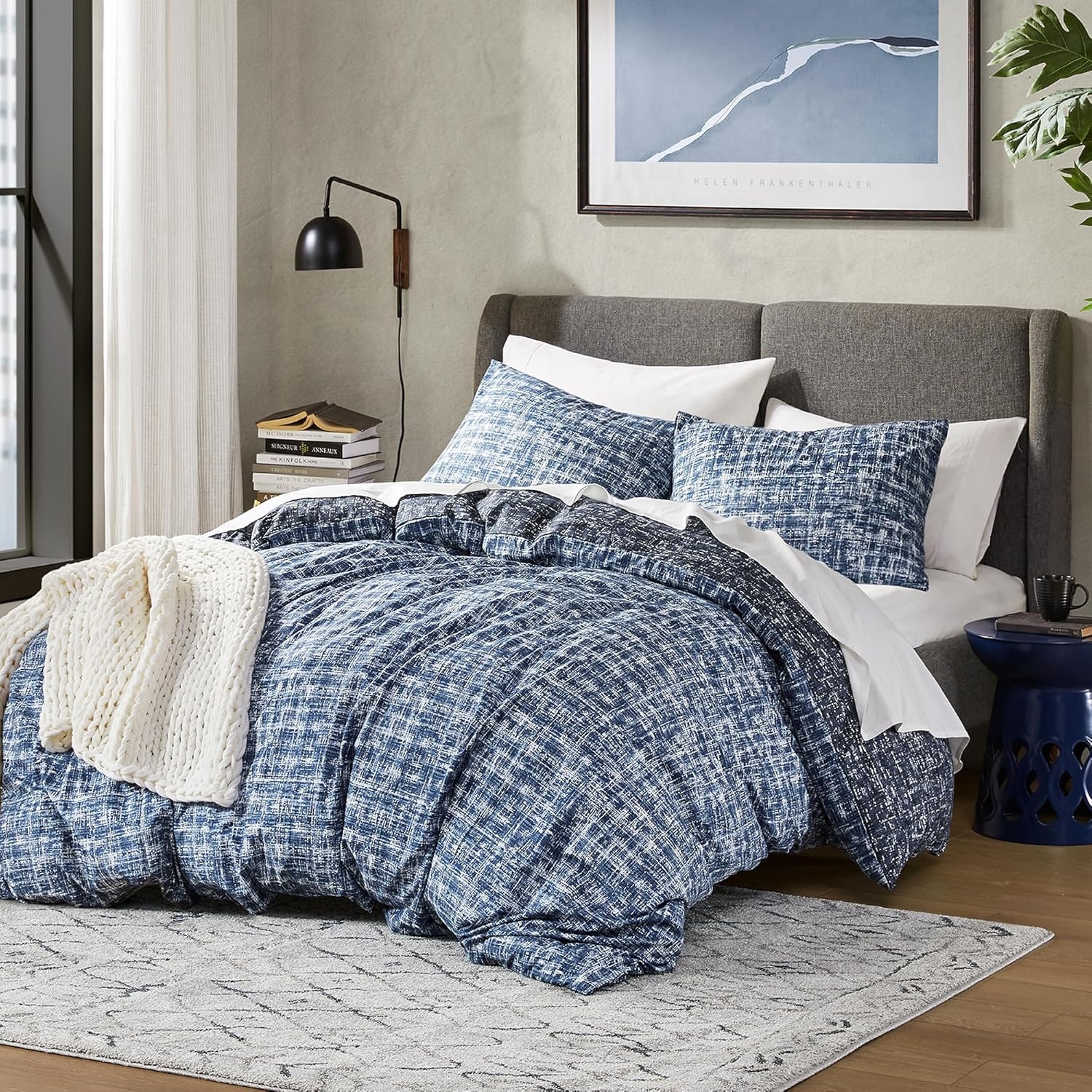 Comforter Set: Crosshatch Pattern Navy Blue Modern Farmhouse Bedding
