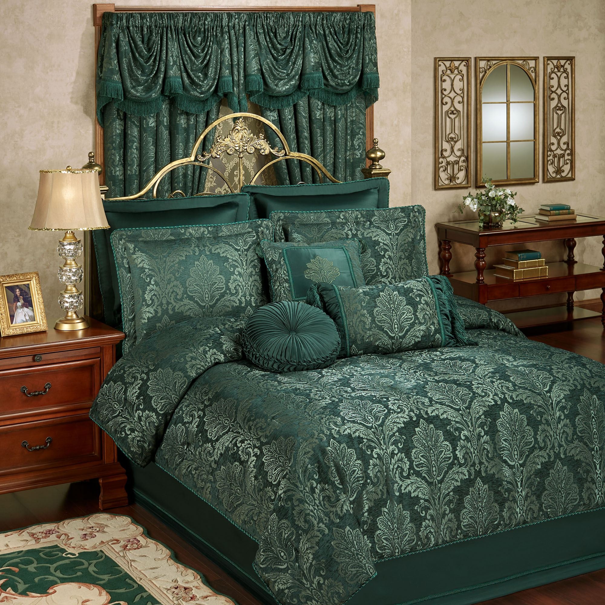 Comforter Set Damask Scroll Tasseled Emerald Green Damask Bedding