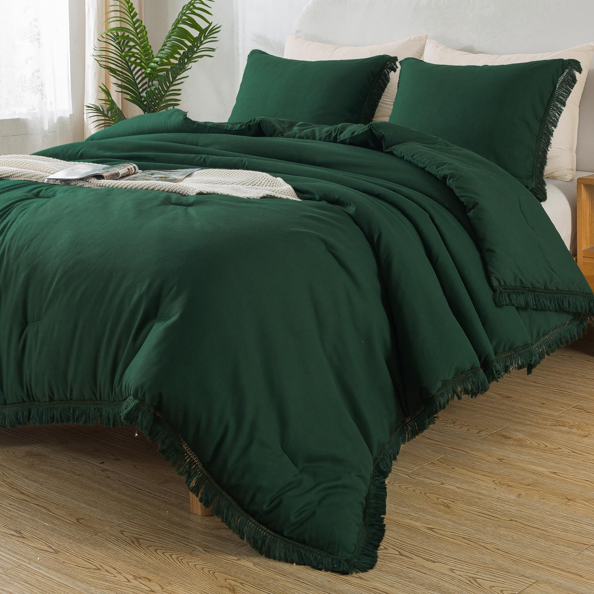 Comforter Set Fringe Trim Tassel Dark Green Bedroom Ideas