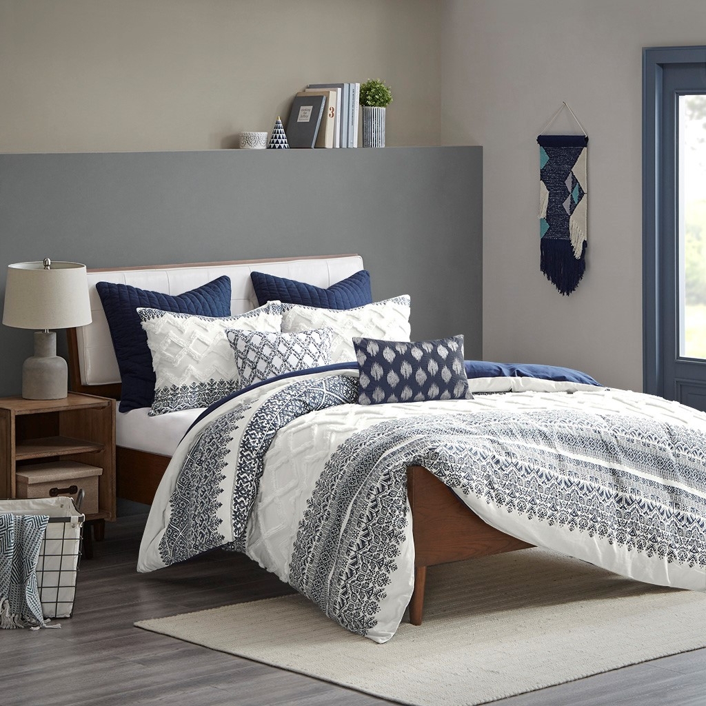 Comforter Set Geometric Border Blue Boho Comforter Set