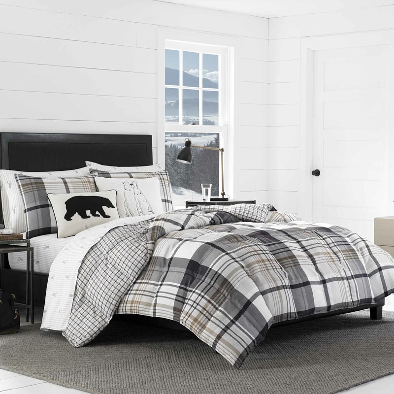 Comforter Set: Modern Rustic Bear Accent Pillows and Charcoal Plaid