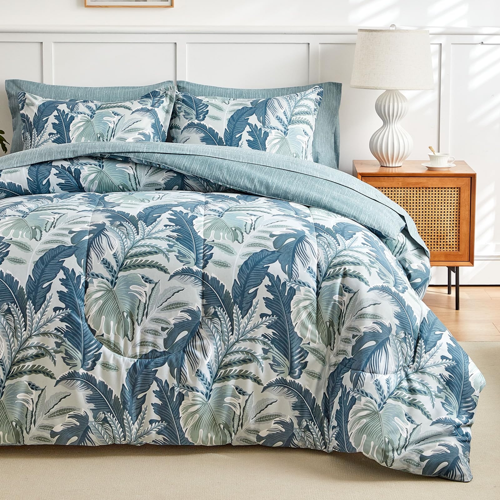 Comforter Set Palm Leaf Print Dusty Blue Rattan Cane Detail