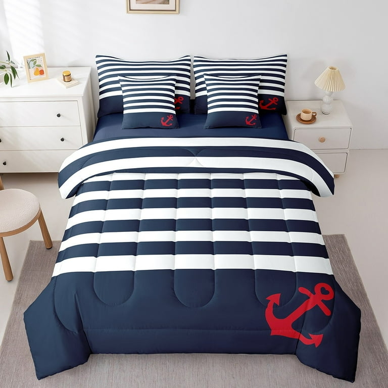 Comforter Set Red Anchor Motif Nautical Anchor Bedding