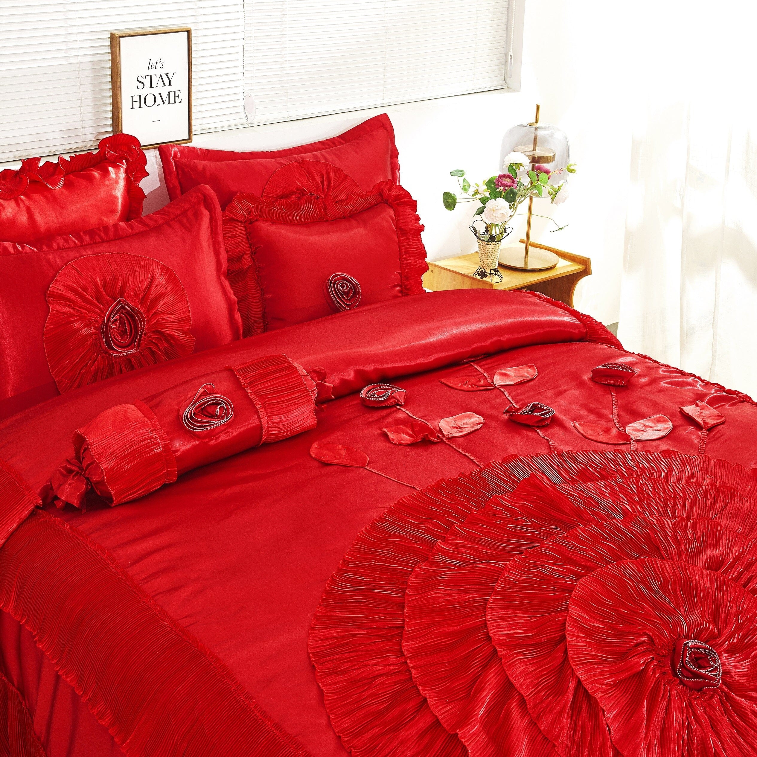 Comforter Set Ruby Red 3D Rose Applique Pleated