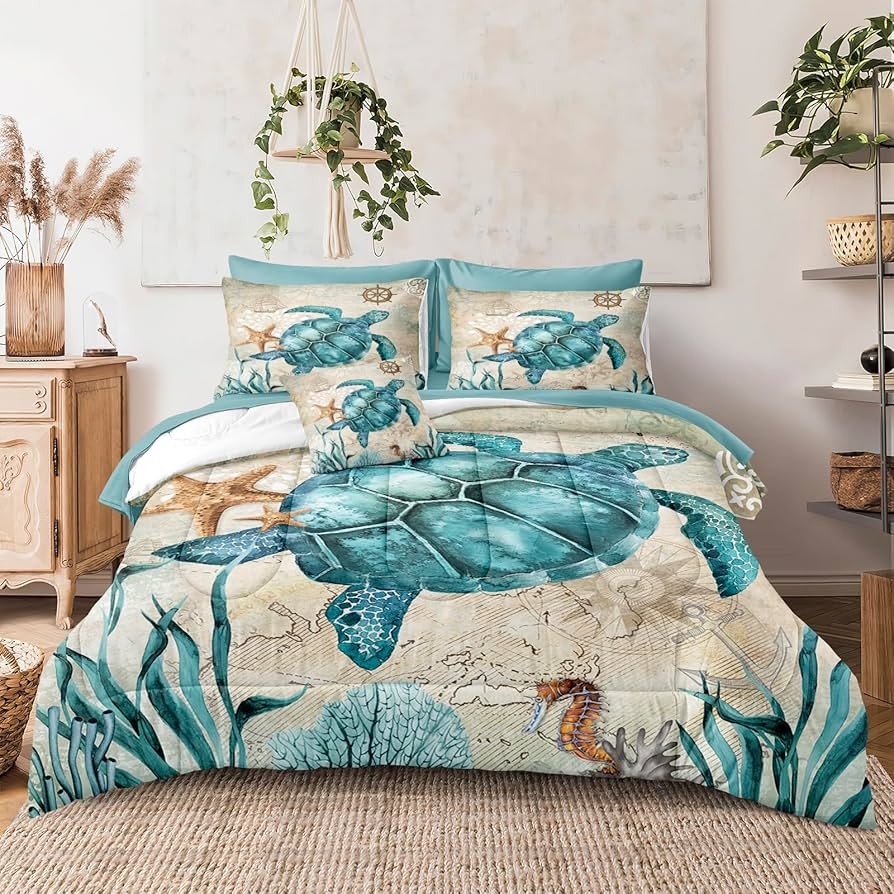 Comforter Set Sea Turtle Print Teal Nautical Chart Pattern