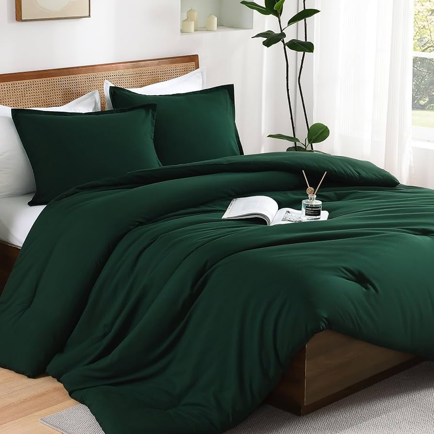 Comforter Set Solid Forest Green Rattan Headboard Styling
