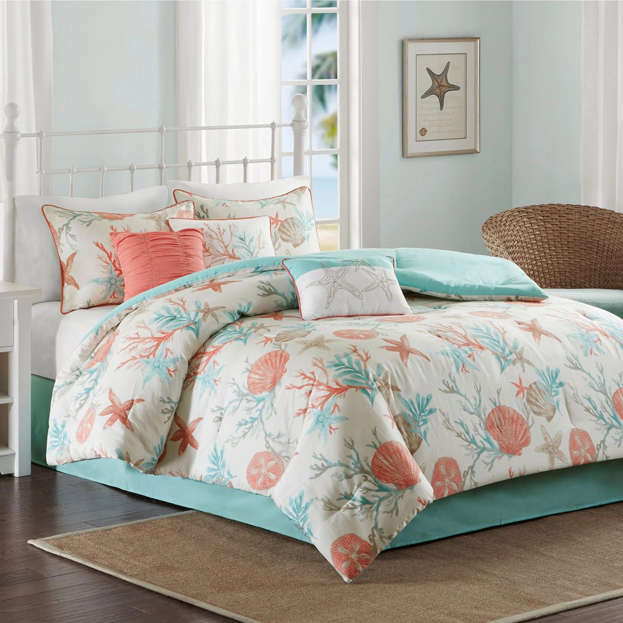 Comforter Set Starfish and Coral Motif in Teal Aqua