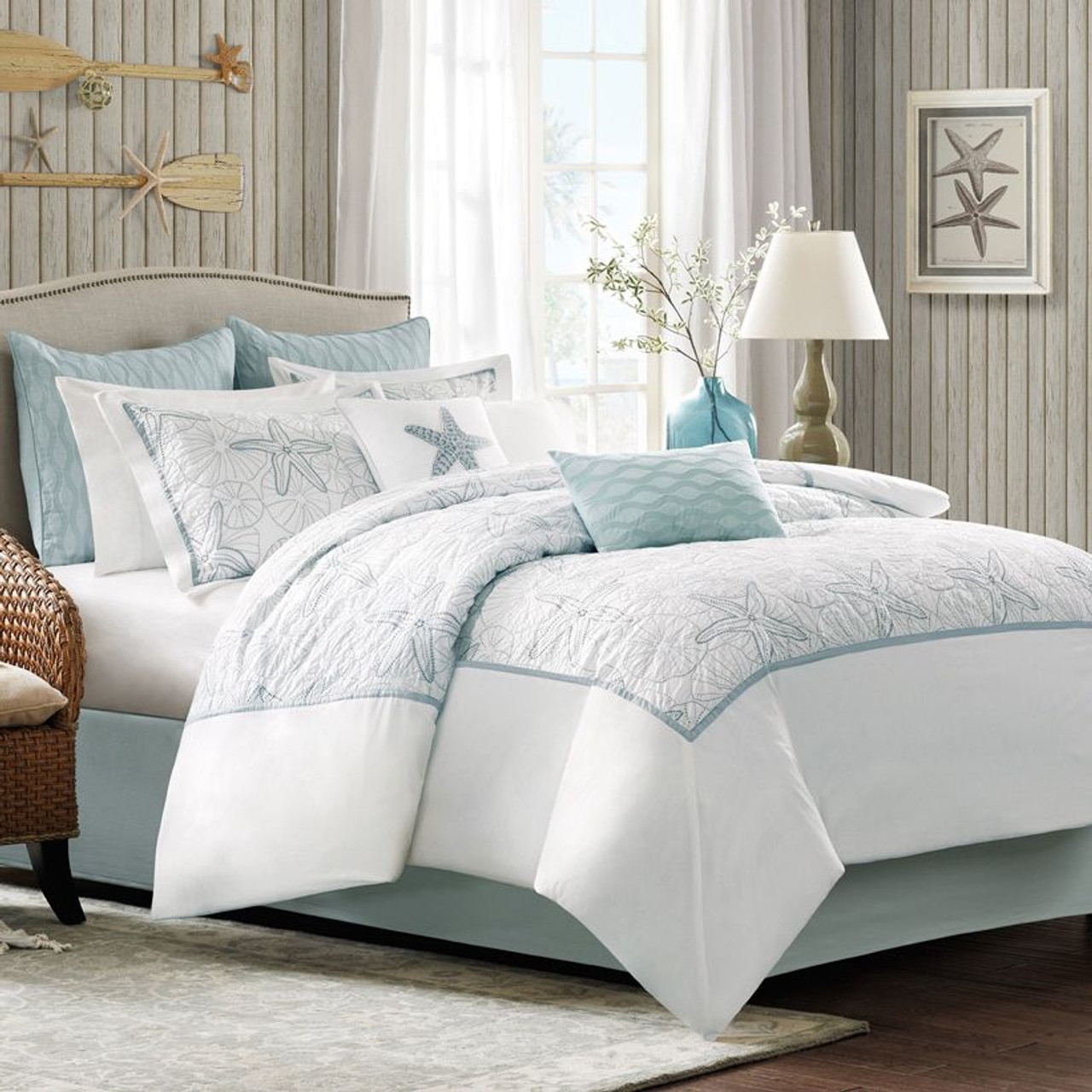 Comforter Set Starfish Embroidery Seafoam Blue Quilt