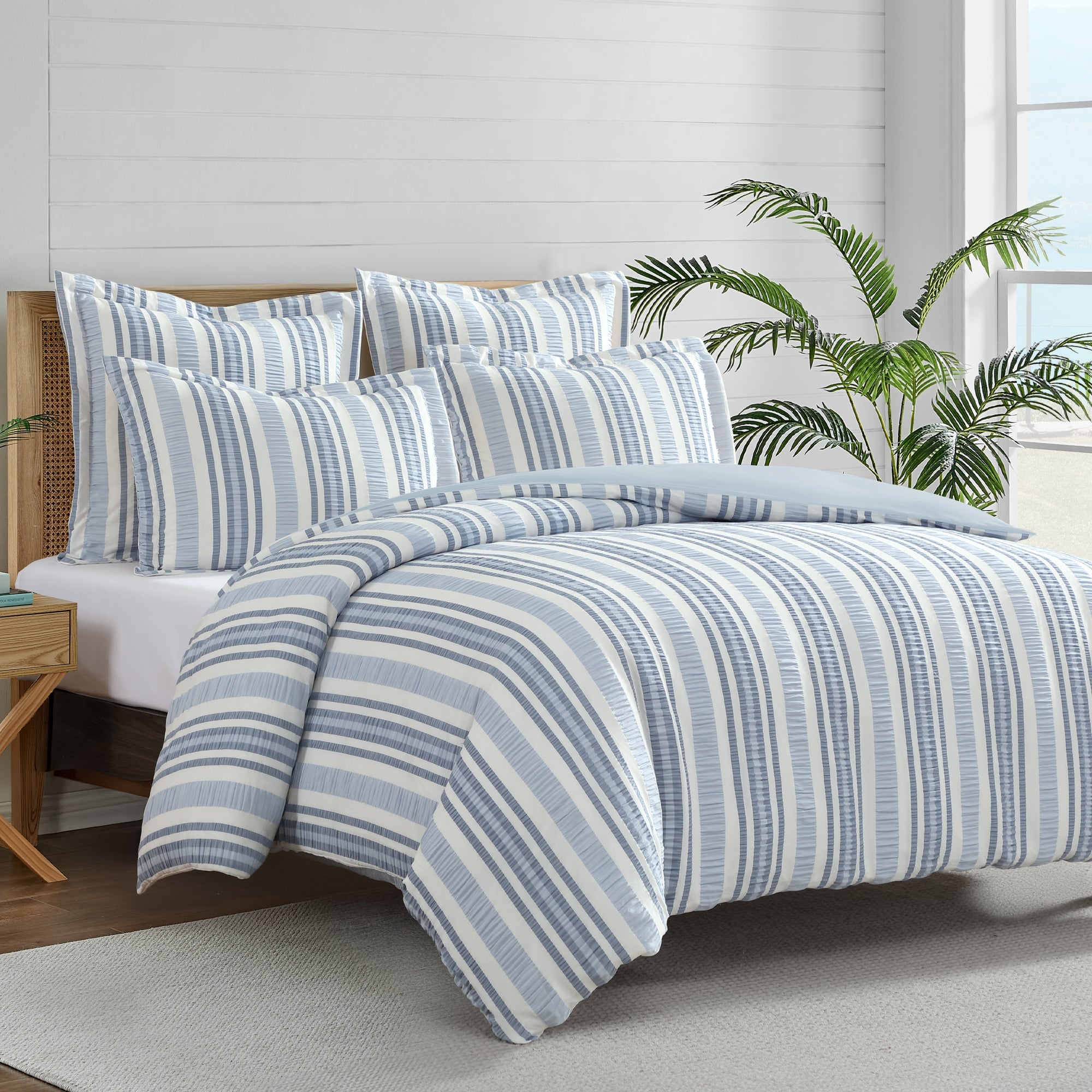Comforter Set Tonal Blue Stripes Rattan Headboard Styling