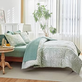 Comforter Set Tropical Palm Leaf Sage Green Quilted Texture
