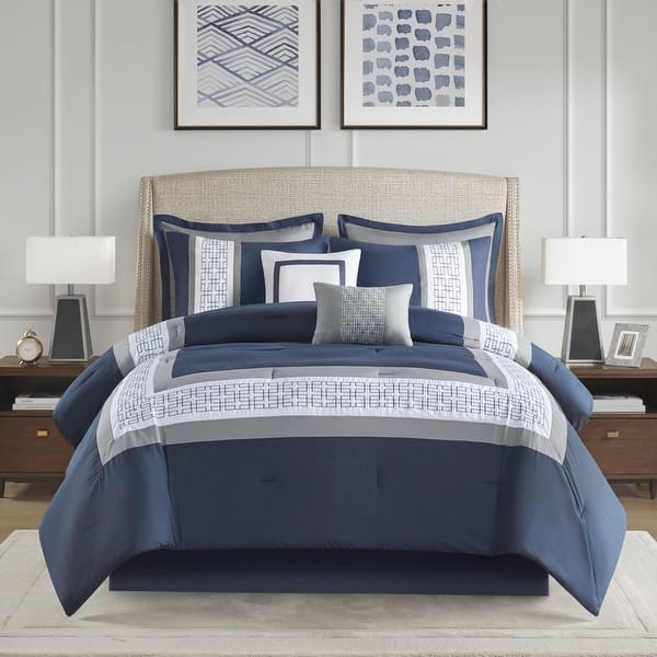 Comforter Set with Greek Key Embroidery and Silver Accents