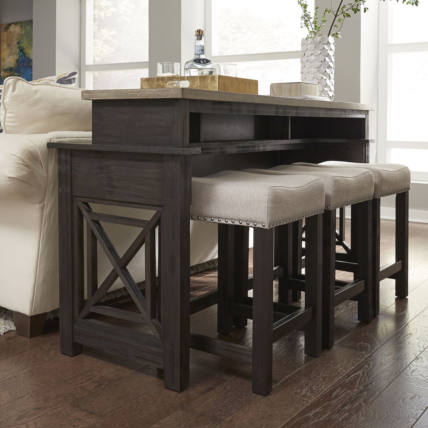 Console Bar Table X Brace Sides Stool Tuck Storage Seating Solution