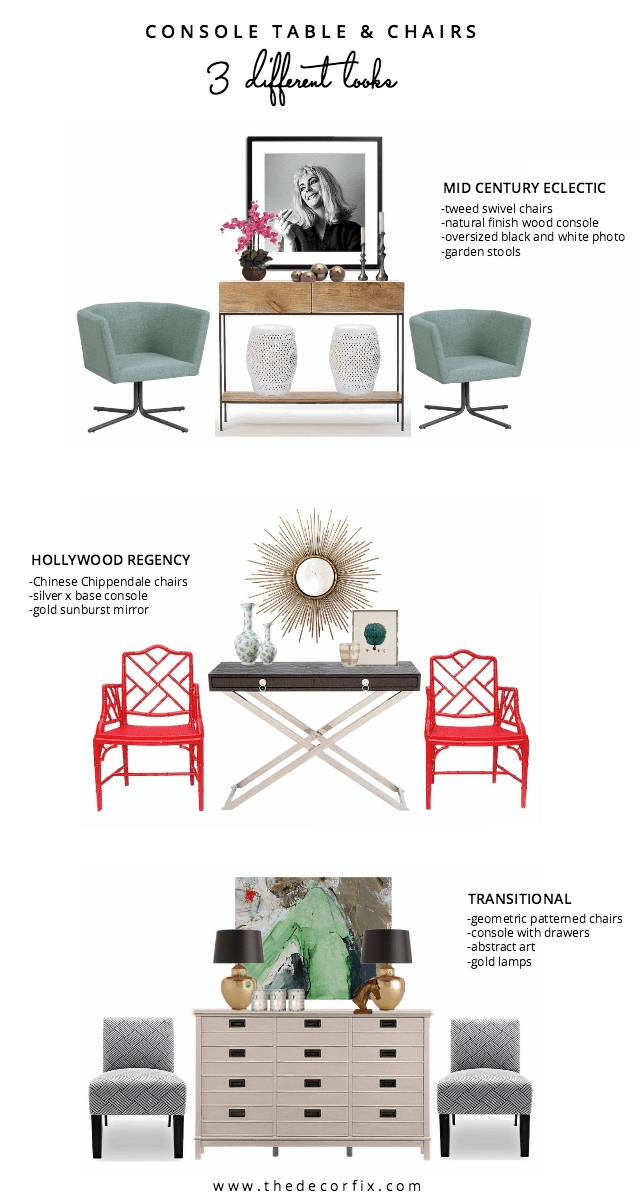 Console Set With Red Chippendale Chairs And Sunburst Mirror