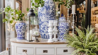 Console Sideboard Blue White Jars Traditional Entryway Display