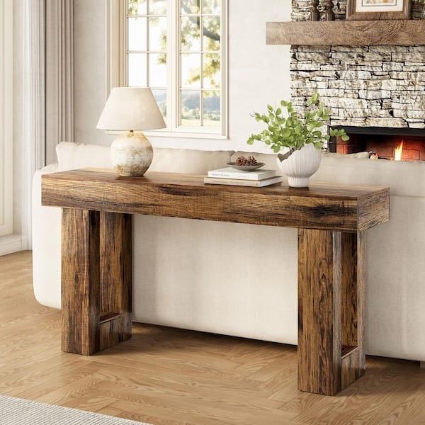 Console Table: Chunky Legs Rustic Brown Farmhouse Console Table