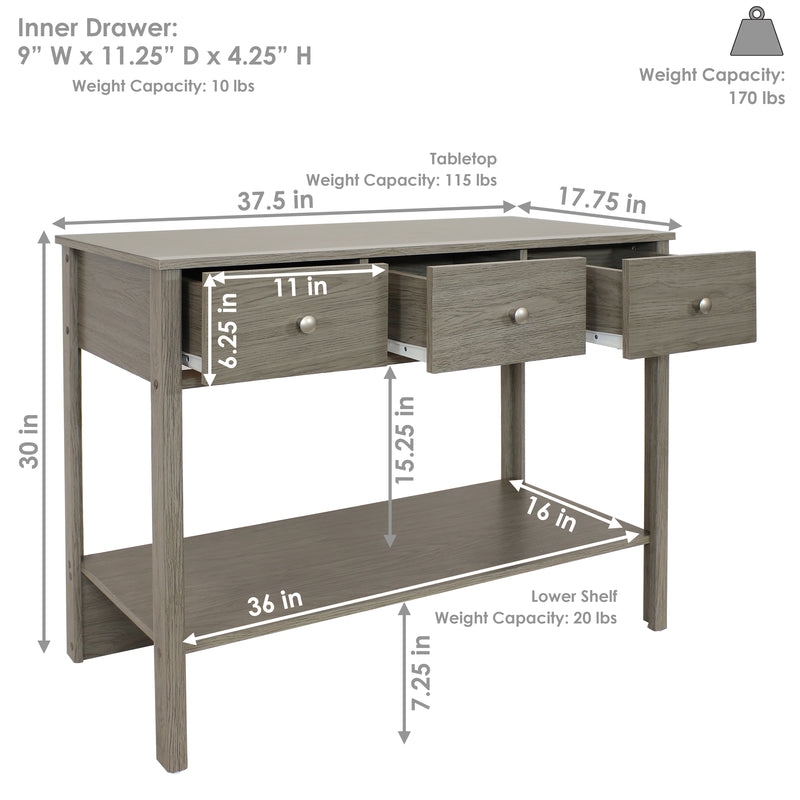 Console Table in Thunder Gray Finish with Three Drawers