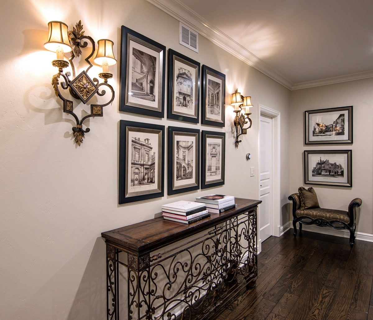 Console Table Scrolled Metal Base with Luxury Gallery Wall