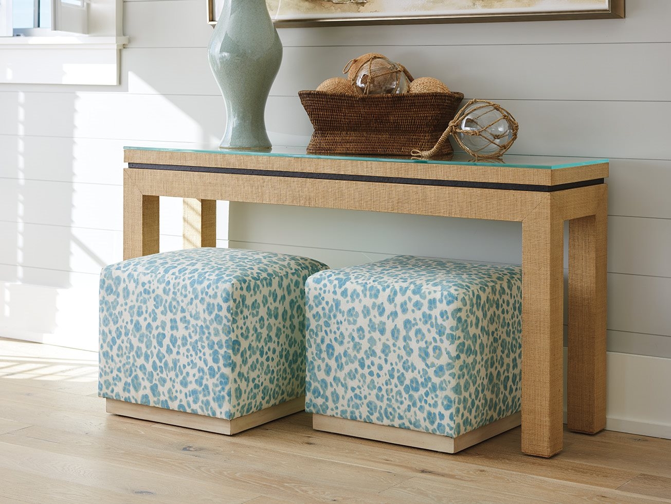 Console Table Set Featuring Woven Sandstone Coastal Decor
